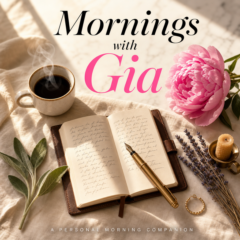 Mornings with Gia — a peaceful morning still life with coffee, journal, peony, and sage